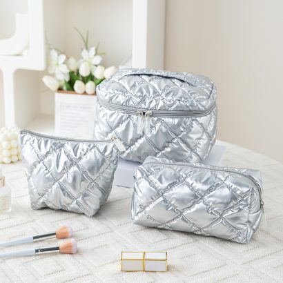Quilted Metallic Cosmetic Pouch Multi‑Size Set