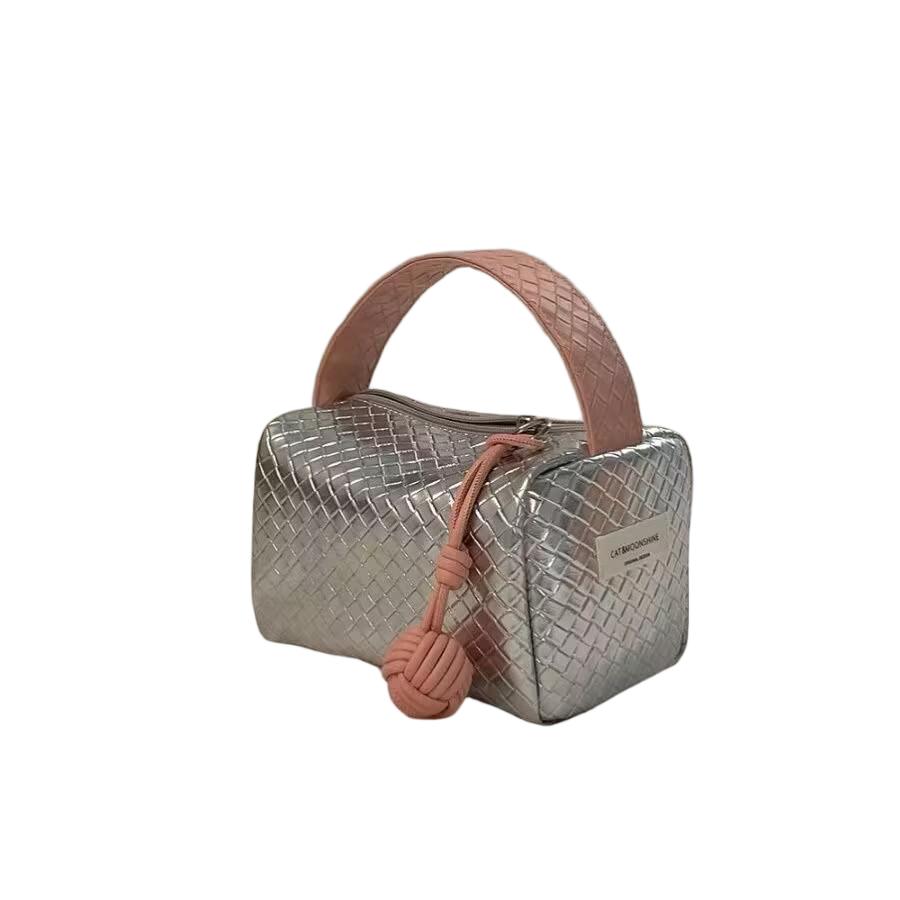 Woven‑Texture Handheld Cosmetic Pouch with Decorative Knot Puller