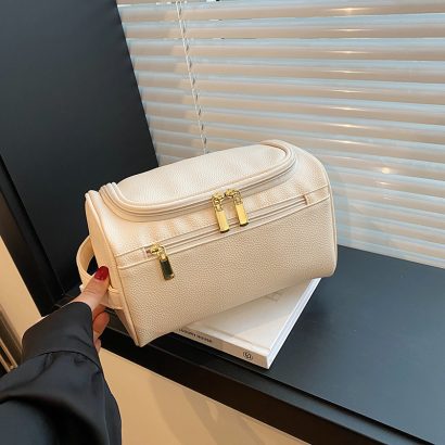 Faux‑Leather Multi‑Zipper Travel Cosmetic Case with Top Handle