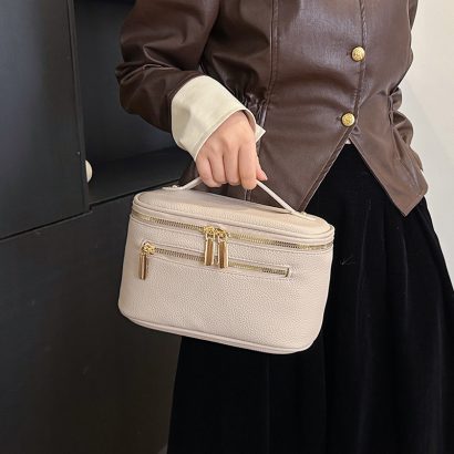Multi‑Zipper Faux‑Leather Travel Cosmetic Train Case with Top Handle
