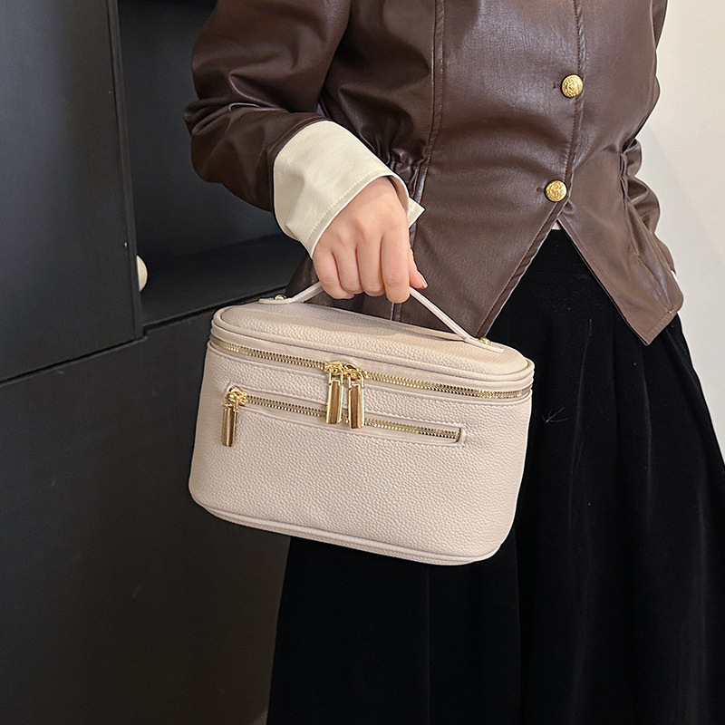 Multi‑Zipper Faux‑Leather Travel Cosmetic Train Case with Top Handle
