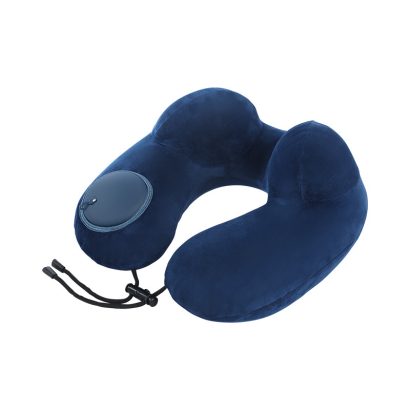 Push‑button self‑inflatable U‑neck pillow for portable travel neck support.