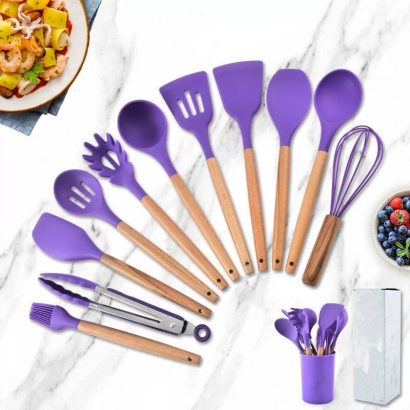 12-Piece Silicone Kitchen Utensil Set with Wooden Handles