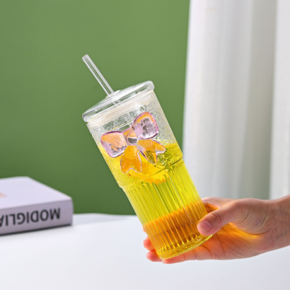 600ml Pink Butterfly Ribbed Glass Tumbler