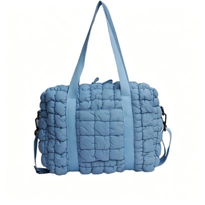 Quilted Sky-Blue Shoulder Tote Bag - Padded Crossbody with Wide Strap